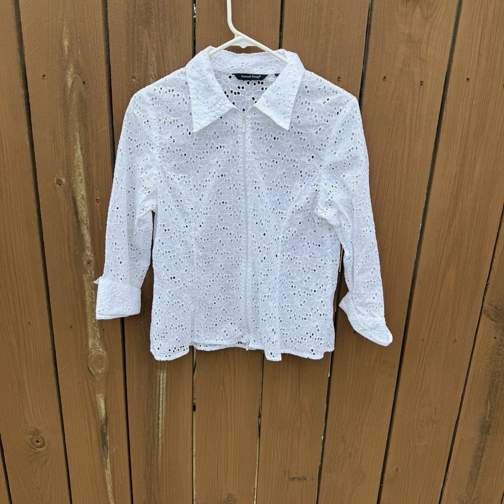 Samuel Dong White Eyelet Zip Up Jacket Shirt Collared 3/4 Sleeve Shirt L Cotton